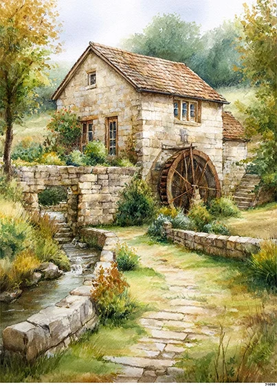 CN21699 papier ryżowy KAMIENNY MŁYN Z DREWNIANYM KOŁEM