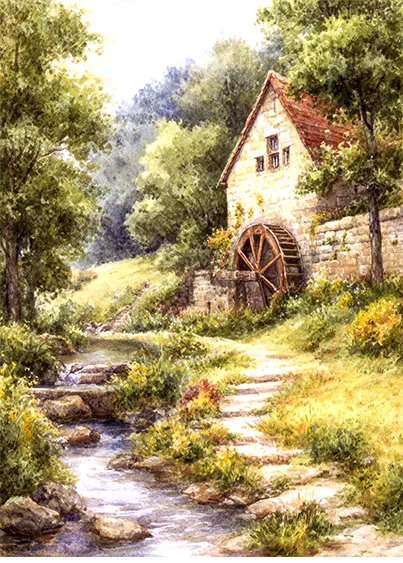 CN21697 papier ryżowy MŁYN WODNY NAD STRUMIENIEM