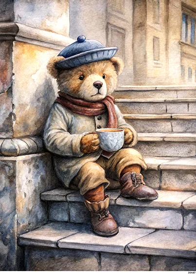 CN22187 papier ryżowy MIŚ Z FILIŻANKĄ NA SCHODACH