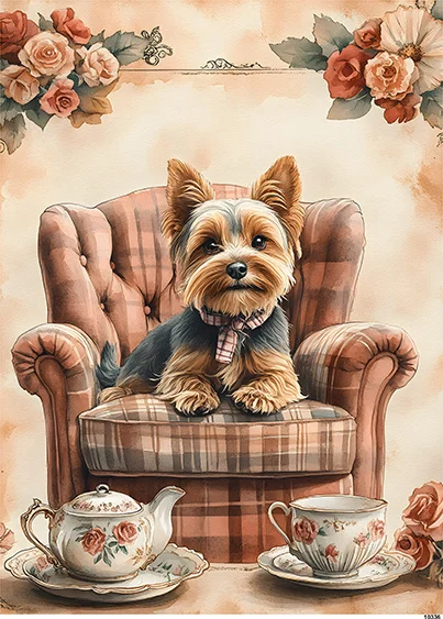 CN10336 papier ryżowy YORKSHIRE TERRIER NA FOTELU
