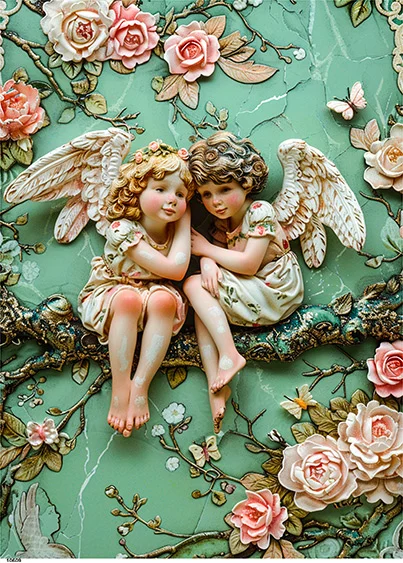 CN10609 papier ryżowy DWA ANIOŁKI 3D NA ZIELONYM TLE W RÓŻE