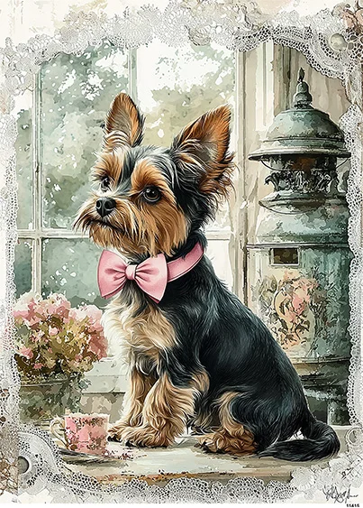 CN11415 papier ryżowy YORKSHIRE TERRIER W RÓŻOWEJ MUSZCE