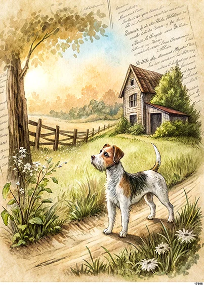 CN17698 papier ryżowy JACK RUSSEL TERRIER NA WIEJSKIEJ ŚCIEŻCE