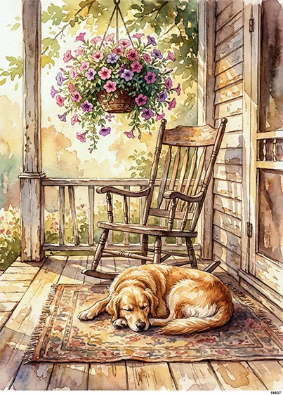 CN19527 papier ryżowy GOLDEN RETRIEVER NA WERANDZIE
