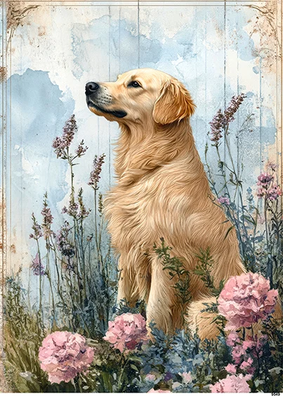 CN9549 papier ryżowy GOLDEN RETRIEVER W KWIATACH
